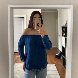 Zara Pom Pom Lined Off the Shoulder Navy Top
